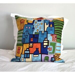 BY HAND Embroidery Architectural Pattern Cushion Cover 24" x 24"-Stains back